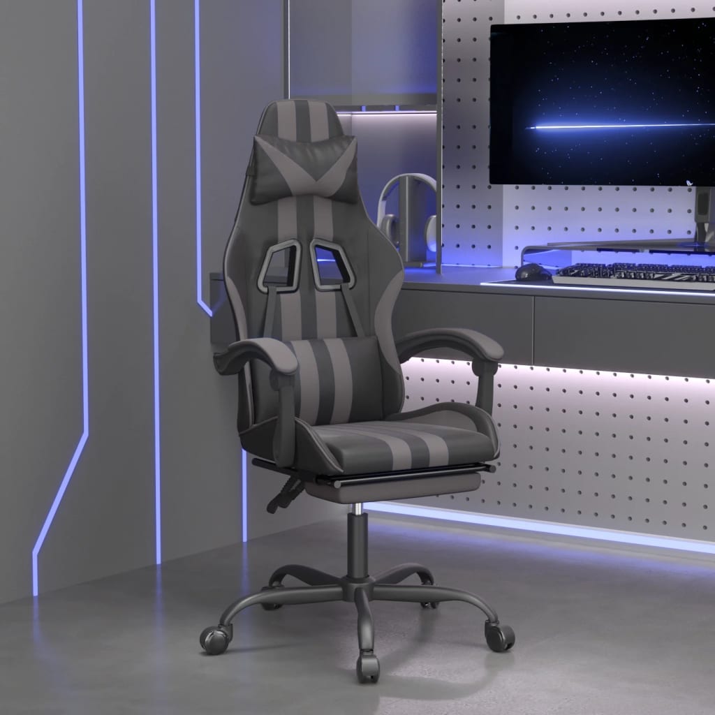 Vetonek Silla gaming giratoria y reposapiés cuero sintético negro gris