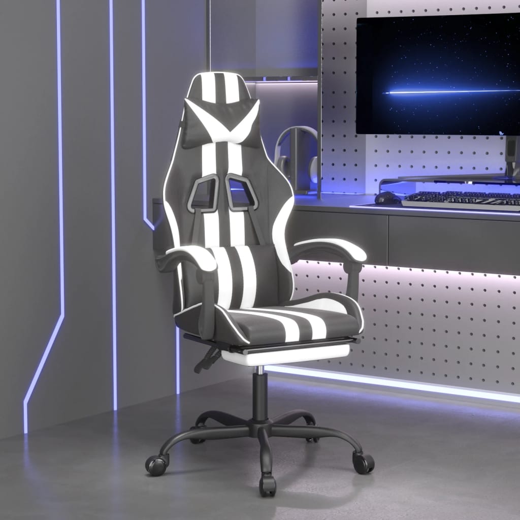 Vetonek Silla gaming giratoria reposapiés cuero sintético negro blanco