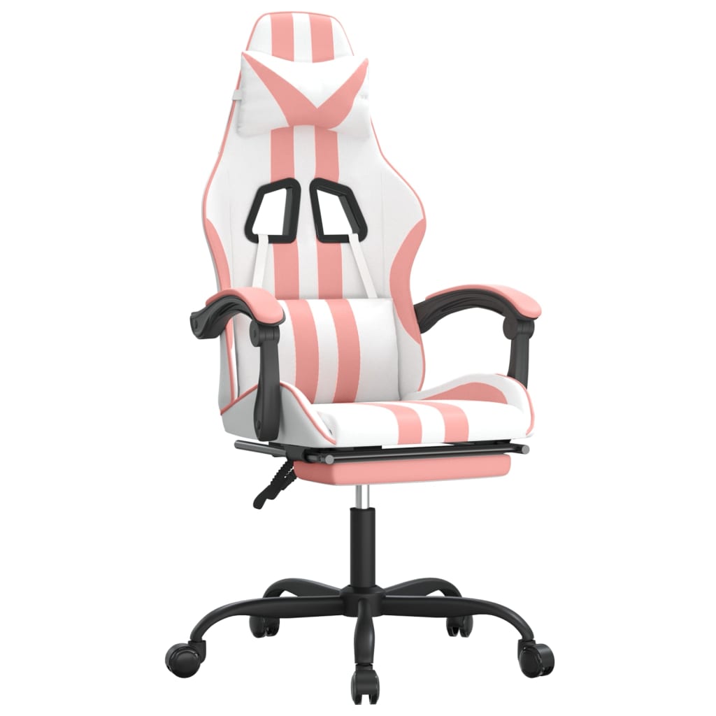 Silla gaming giratoria y reposapiés cuero sintético blanco rosa - Vetonek