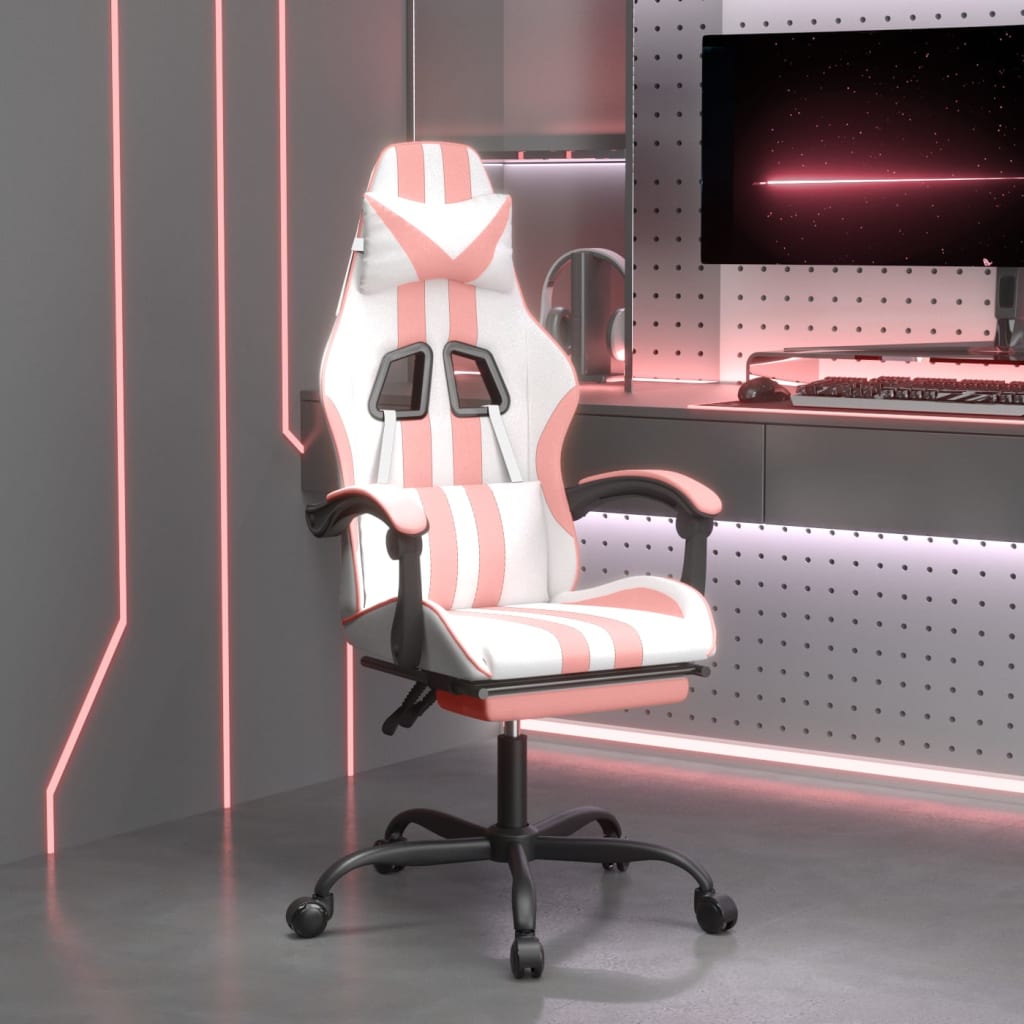 Vetonek Silla gaming giratoria y reposapiés cuero sintético blanco rosa