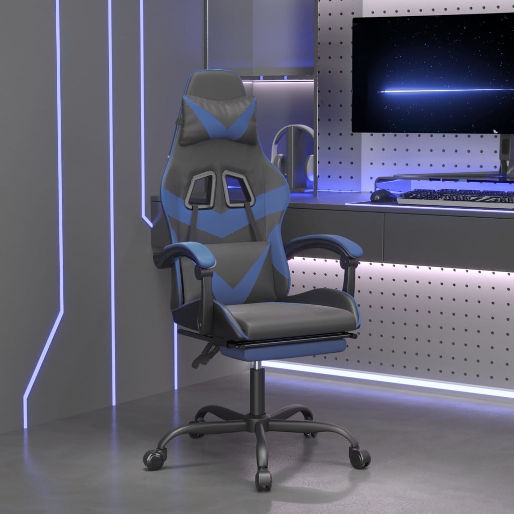 Vetonek Silla gaming giratoria y reposapiés cuero sintético negro azul