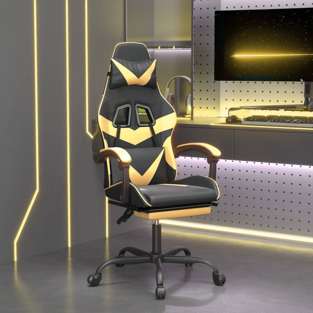 Vetonek Silla gaming giratoria reposapiés cuero sintético negro dorado