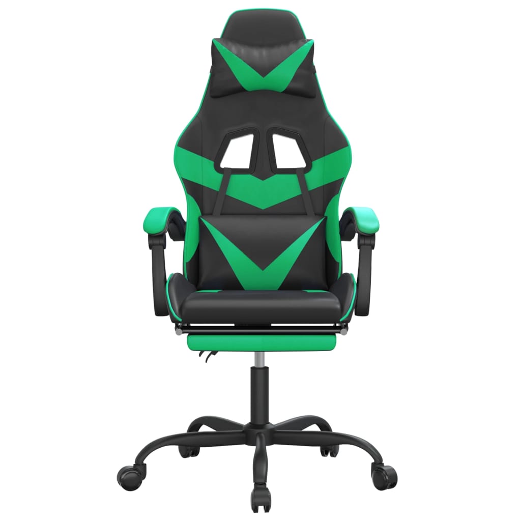 Silla gaming giratoria y reposapiés cuero sintético negro verde - Vetonek