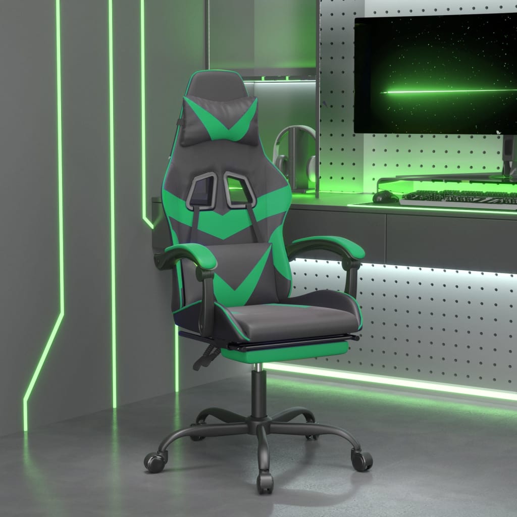 Vetonek Silla gaming giratoria y reposapiés cuero sintético negro verde