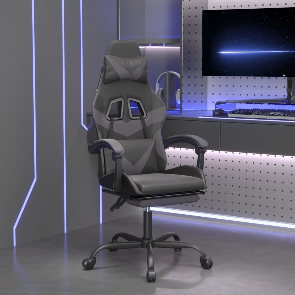 Vetonek Silla gaming giratoria y reposapiés cuero sintético negro gris