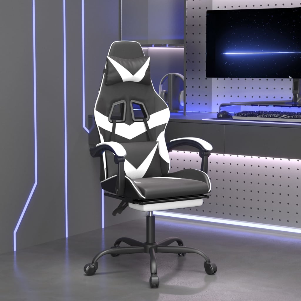 Vetonek Silla gaming giratoria reposapiés cuero sintético negro blanco