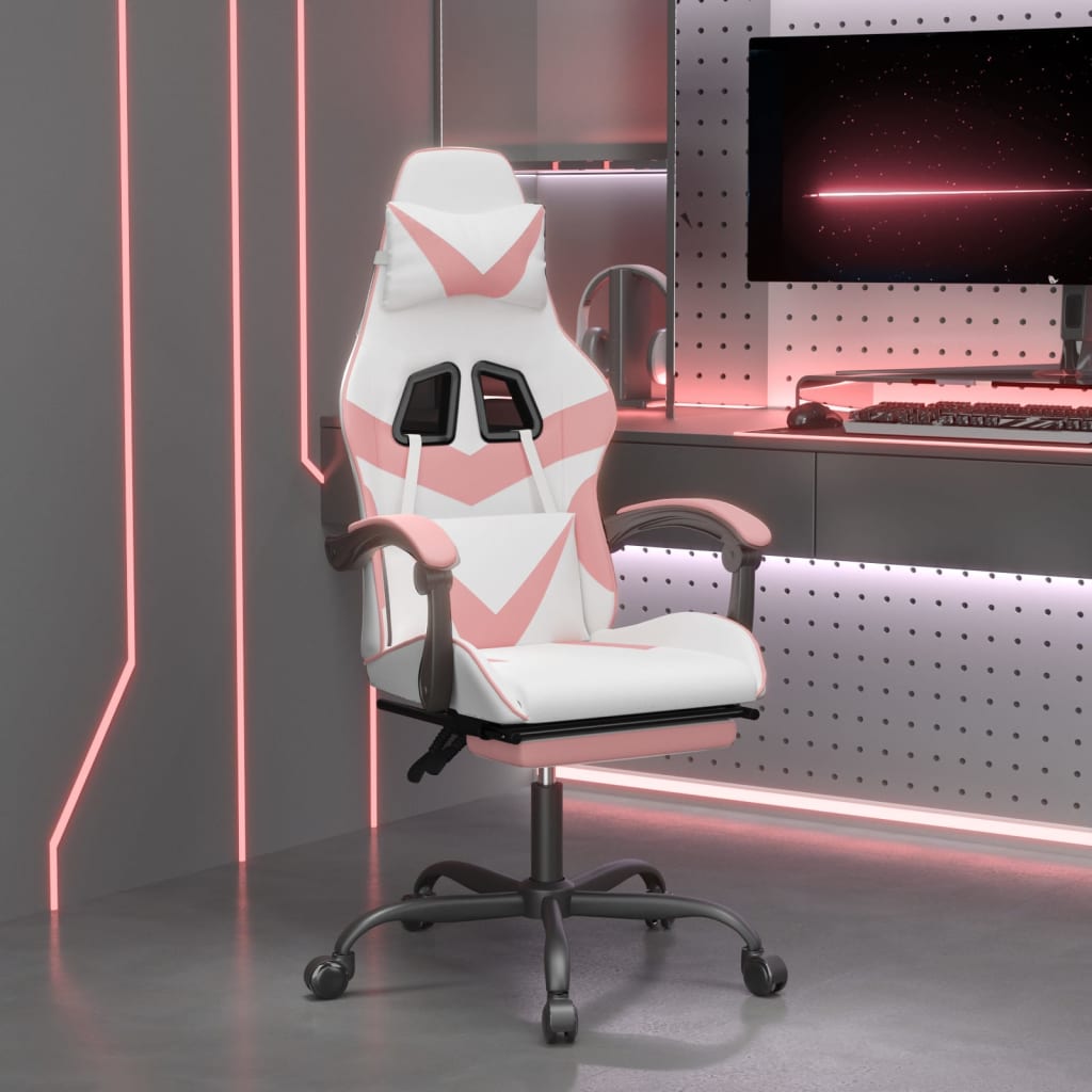 Vetonek Silla gaming giratoria y reposapiés cuero sintético blanco rosa