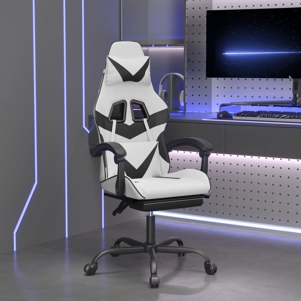 Vetonek Silla gaming giratoria reposapiés cuero sintético blanco negro