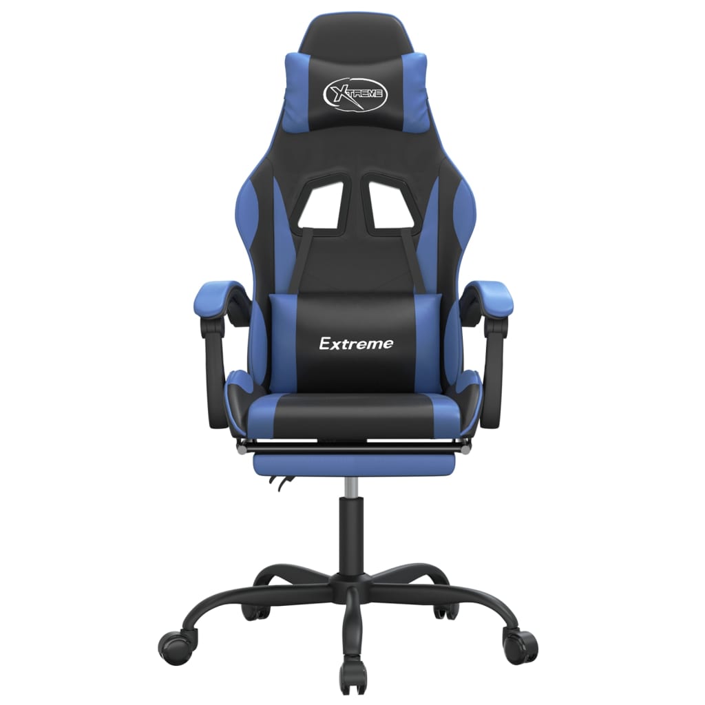 Silla gaming giratoria y reposapiés cuero sintético negro azul - Vetonek