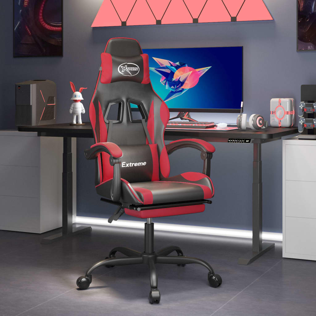 Vetonek Silla gaming giratoria y reposapiés cuero sintético negro rojo