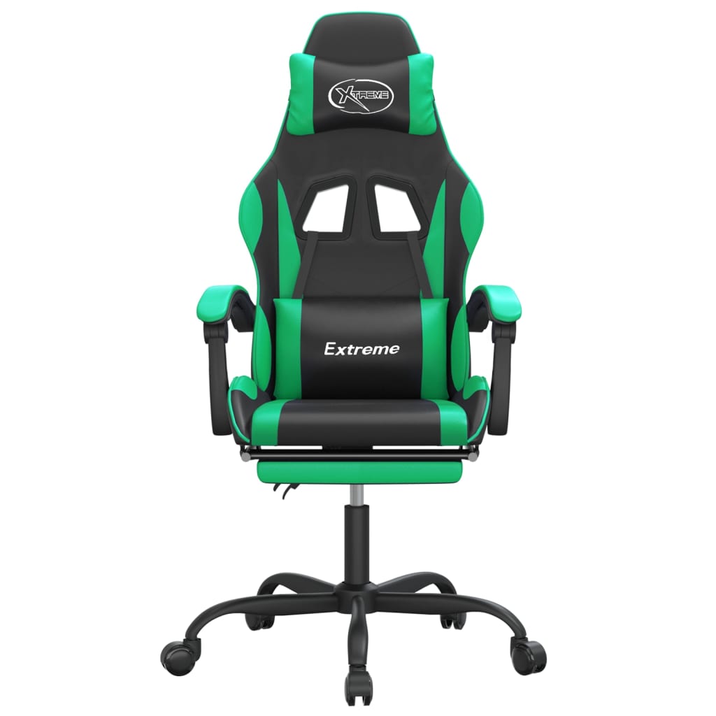 Silla gaming giratoria y reposapiés cuero sintético negro verde