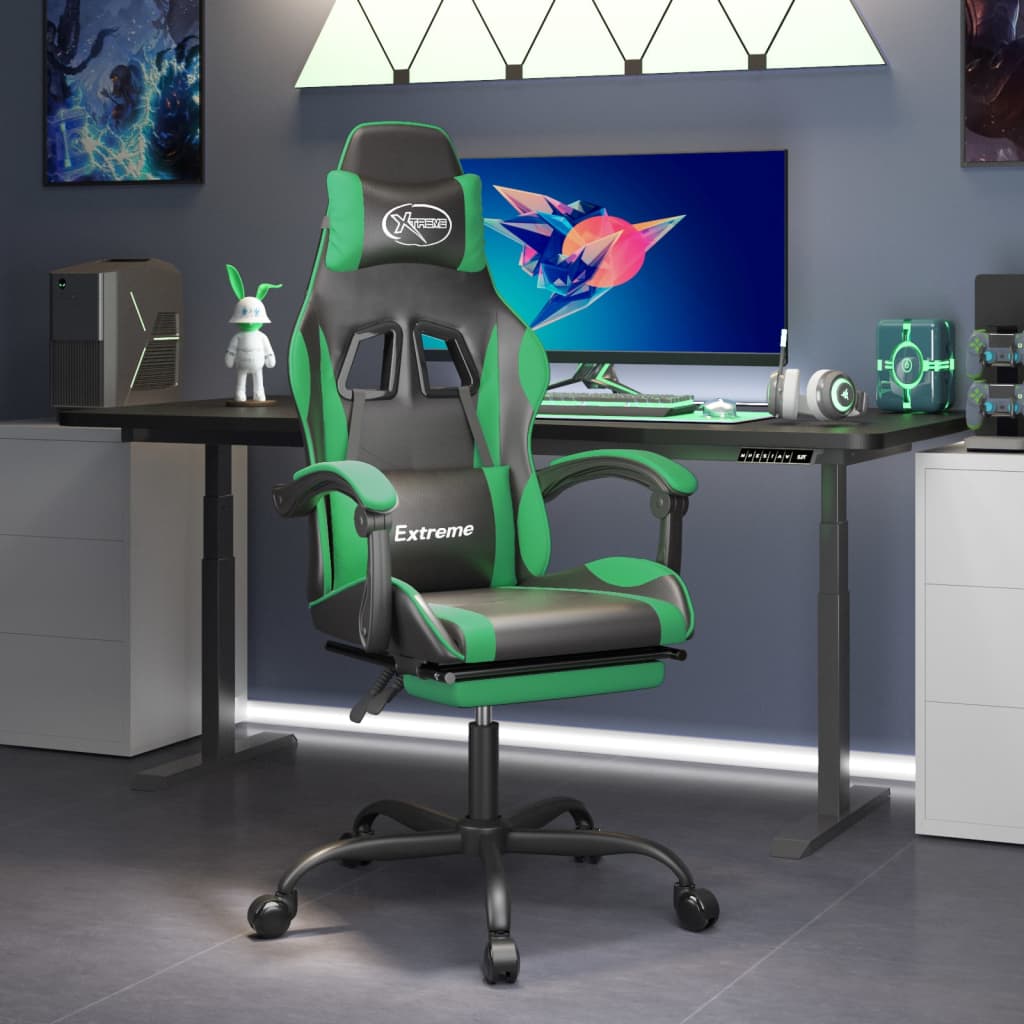 Vetonek Silla gaming giratoria y reposapiés cuero sintético negro verde