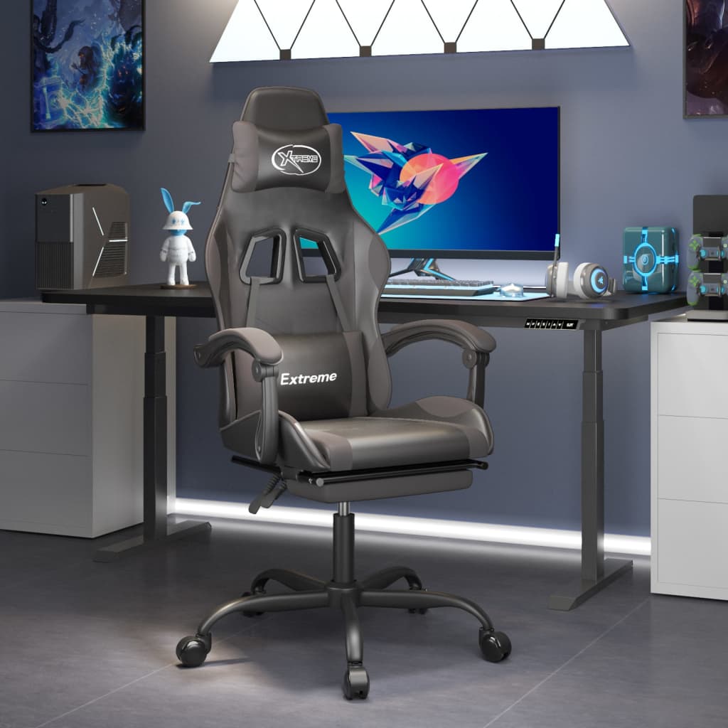 Vetonek Silla gaming giratoria y reposapiés cuero sintético negro gris