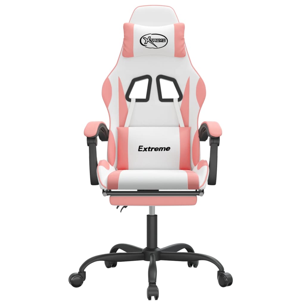 Silla gaming giratoria y reposapiés cuero sintético blanco rosa