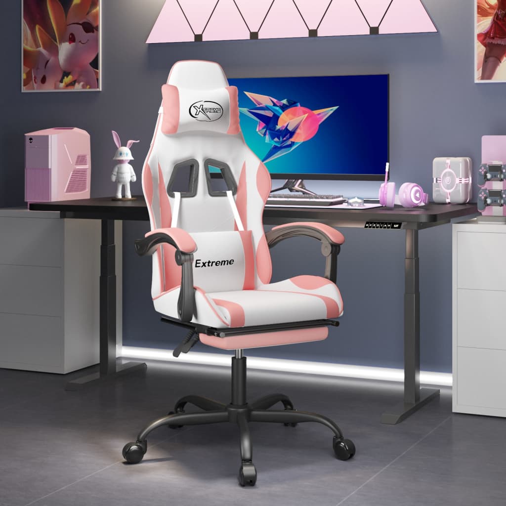 Vetonek Silla gaming giratoria y reposapiés cuero sintético blanco rosa