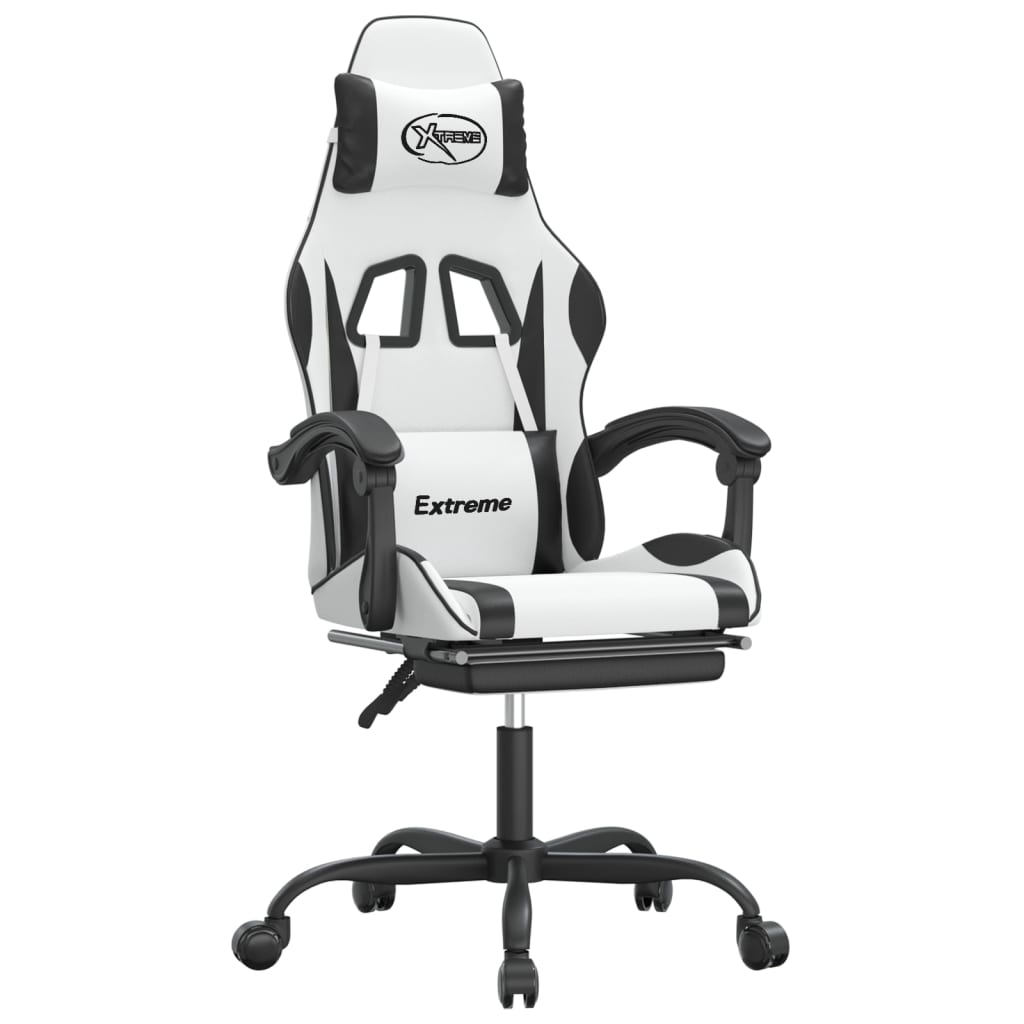 Silla gaming giratoria reposapiés cuero sintético blanco negro - Vetonek