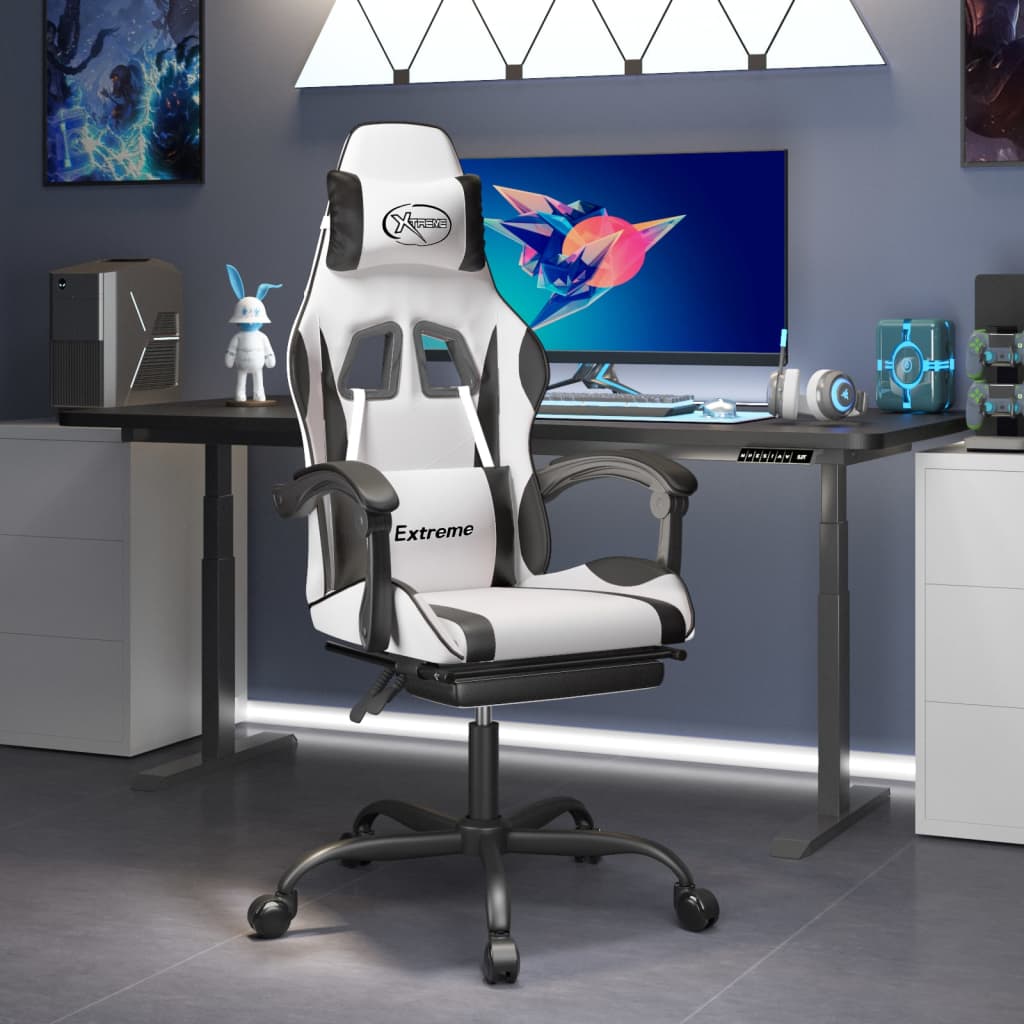 Vetonek Silla gaming giratoria reposapiés cuero sintético blanco negro