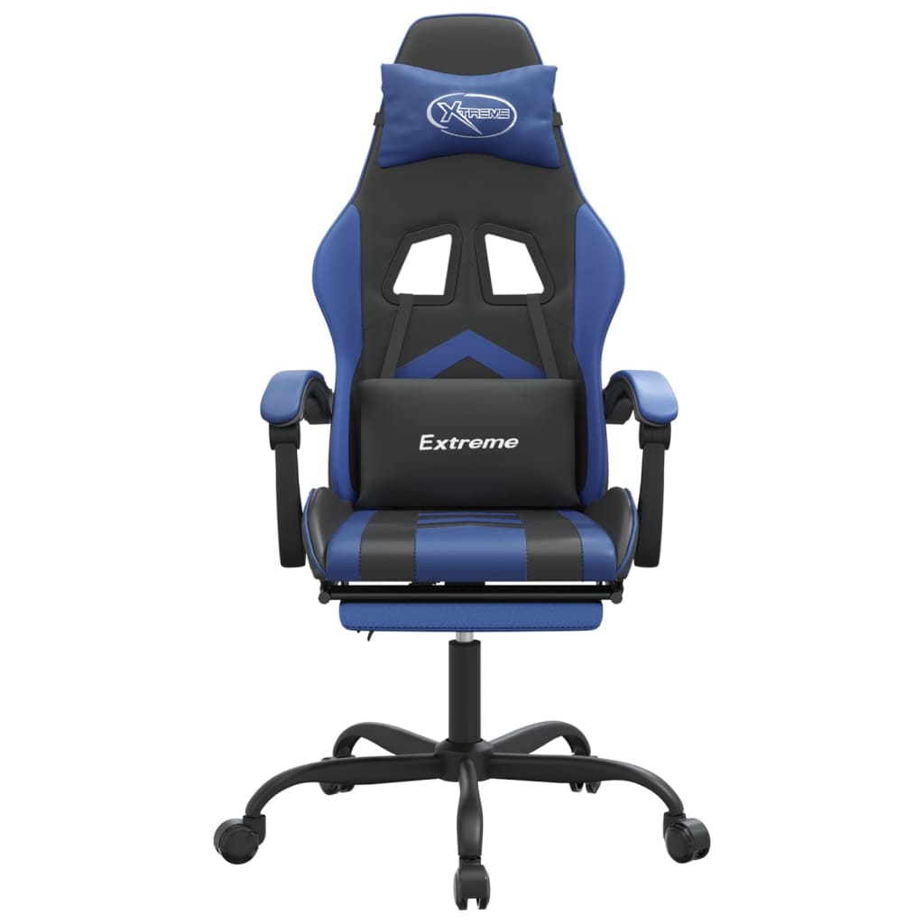 Silla gaming giratoria y reposapiés cuero sintético negro azul