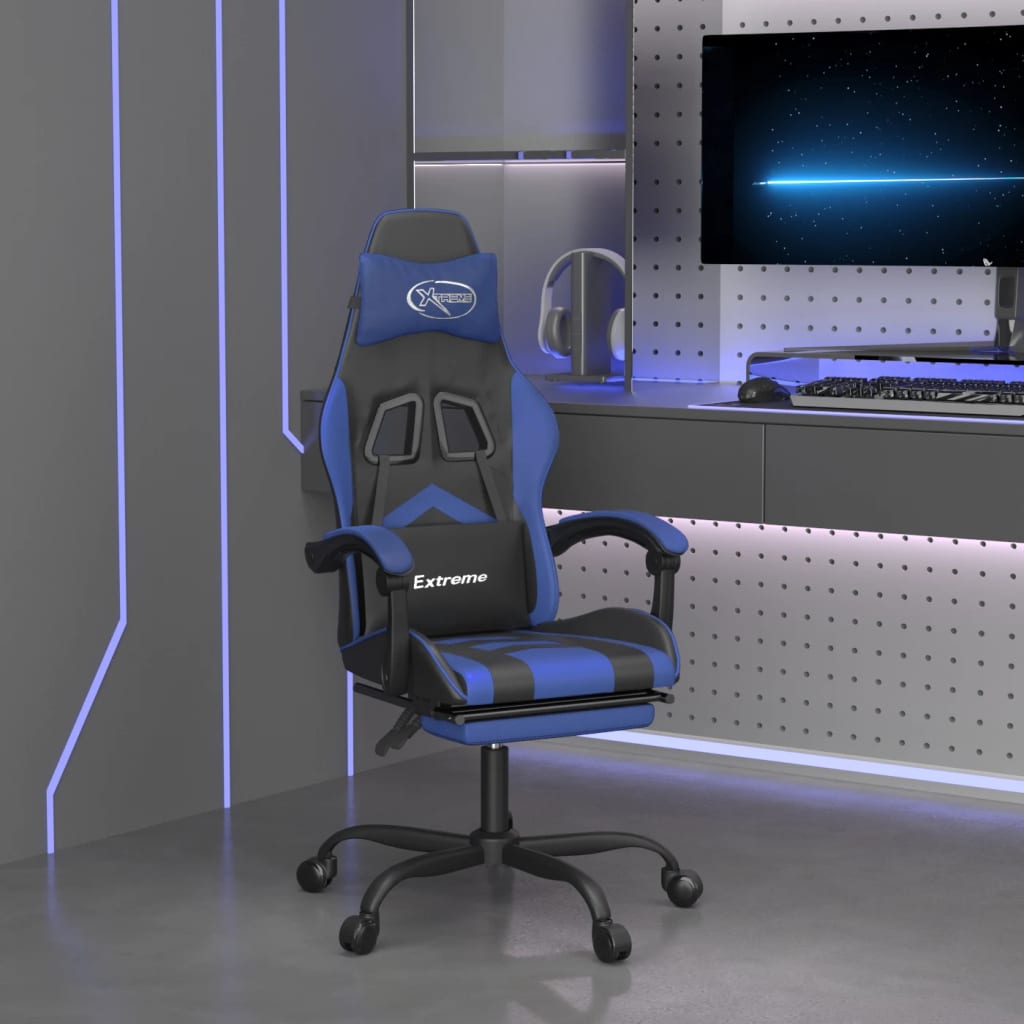 Vetonek Silla gaming giratoria y reposapiés cuero sintético negro azul