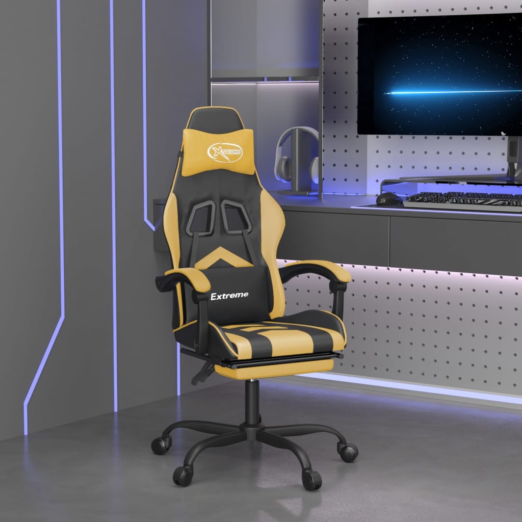 Vetonek Silla gaming giratoria reposapiés cuero sintético negro dorado