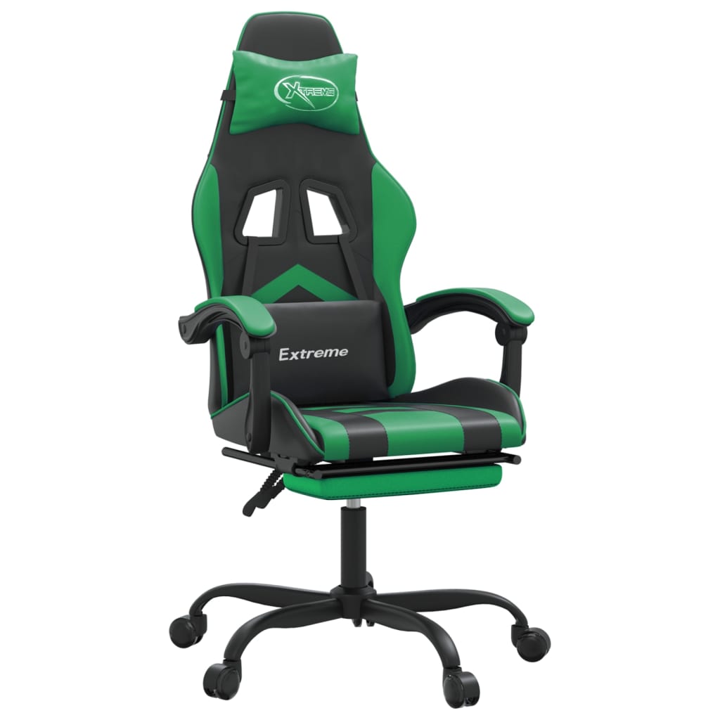 Silla gaming giratoria y reposapiés cuero sintético negro verde - Vetonek