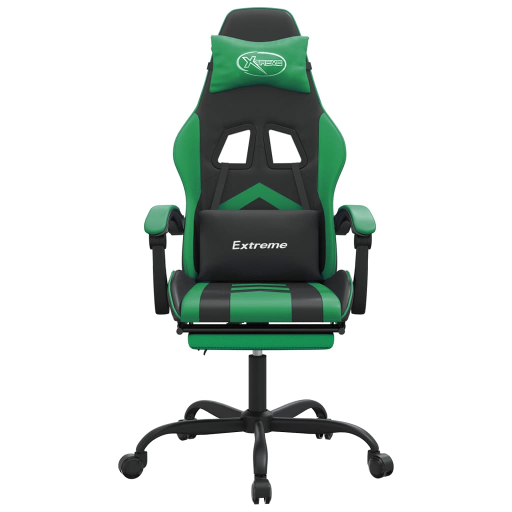 Silla gaming giratoria y reposapiés cuero sintético negro verde - Vetonek