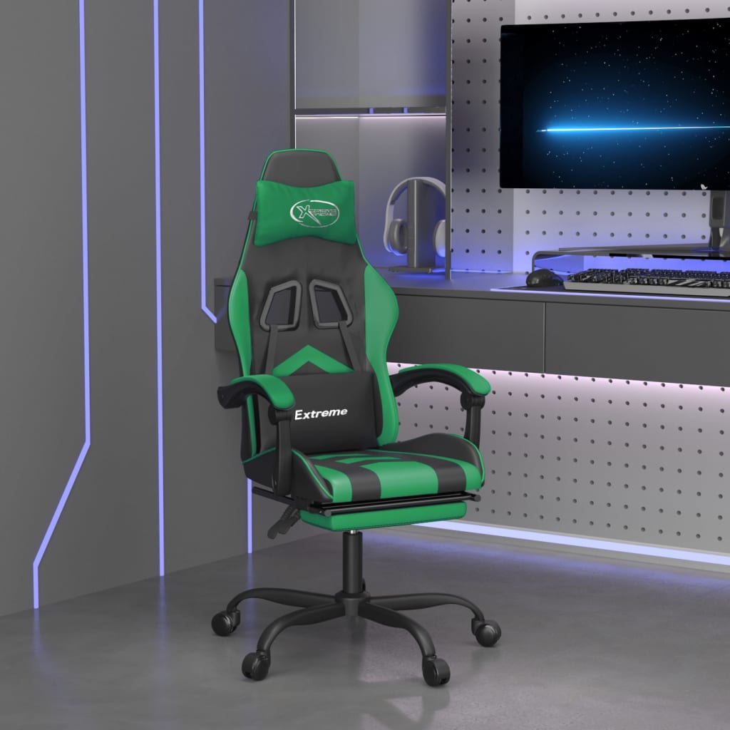 Vetonek Silla gaming giratoria y reposapiés cuero sintético negro verde