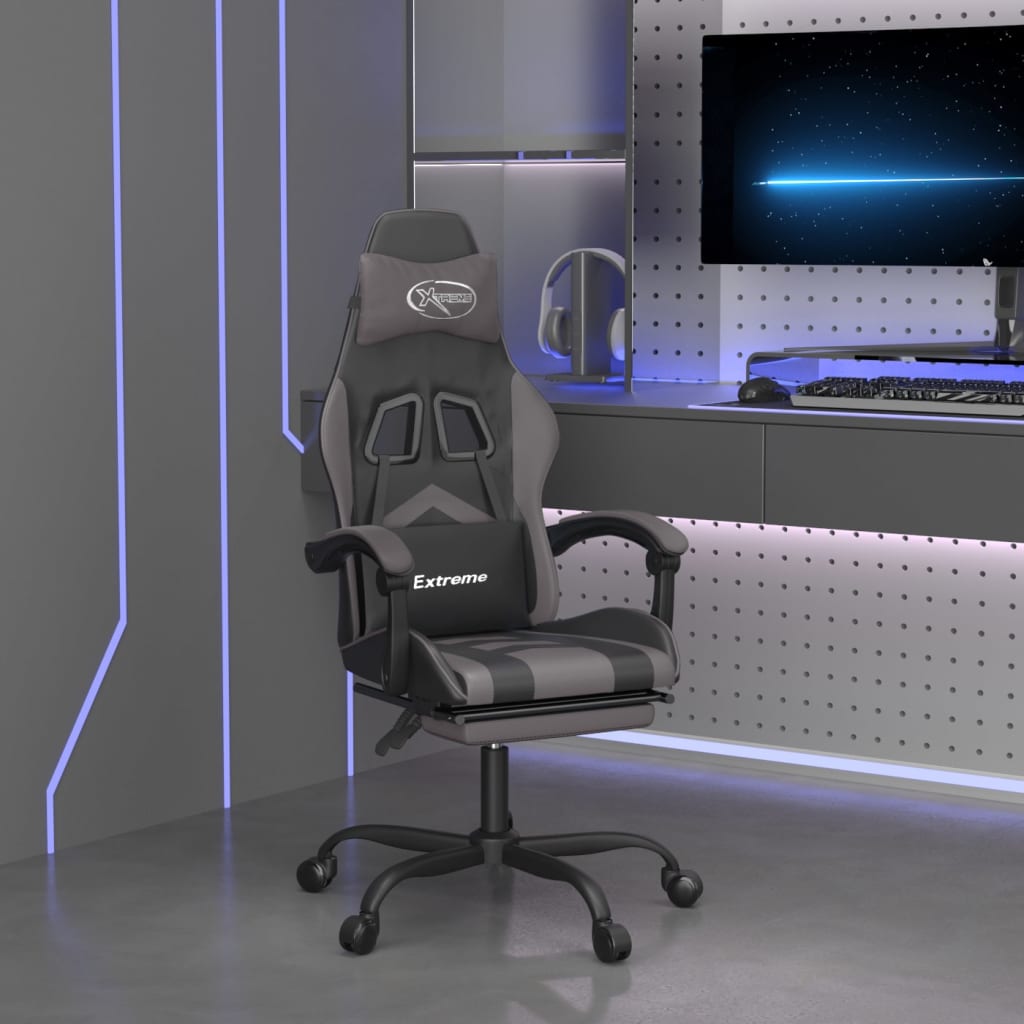 Vetonek Silla gaming giratoria y reposapiés cuero sintético negro gris