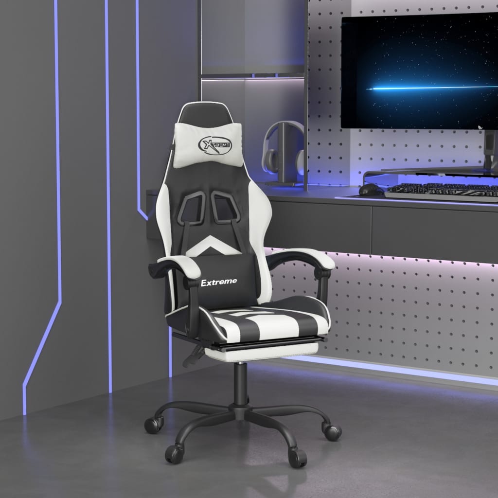 Vetonek Silla gaming giratoria reposapiés cuero sintético negro blanco