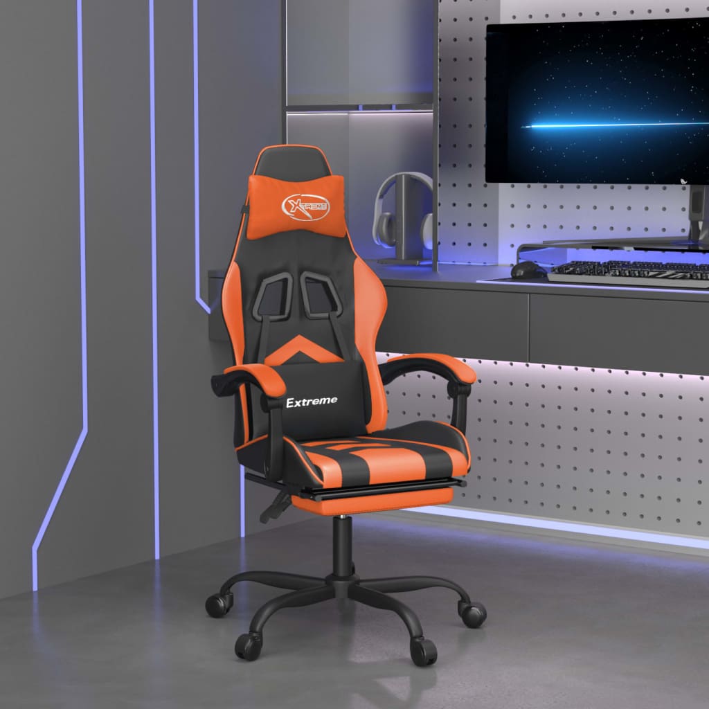 Vetonek Silla gaming giratoria reposapiés cuero sintético negro naranja