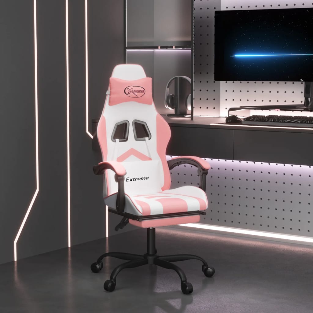 Vetonek Silla gaming giratoria y reposapiés cuero sintético blanco rosa