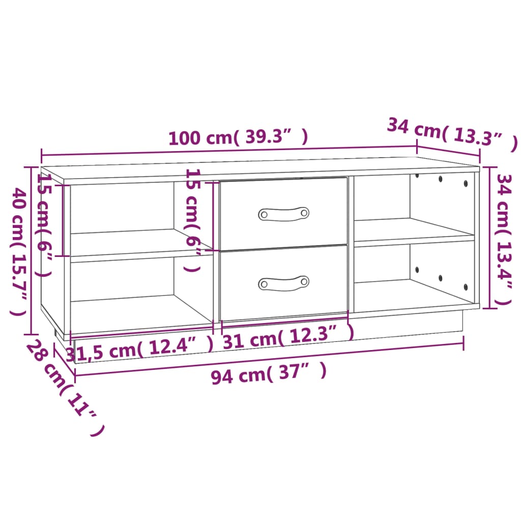 Mueble de TV de madera maciza de pino negro 100x34x40 cm