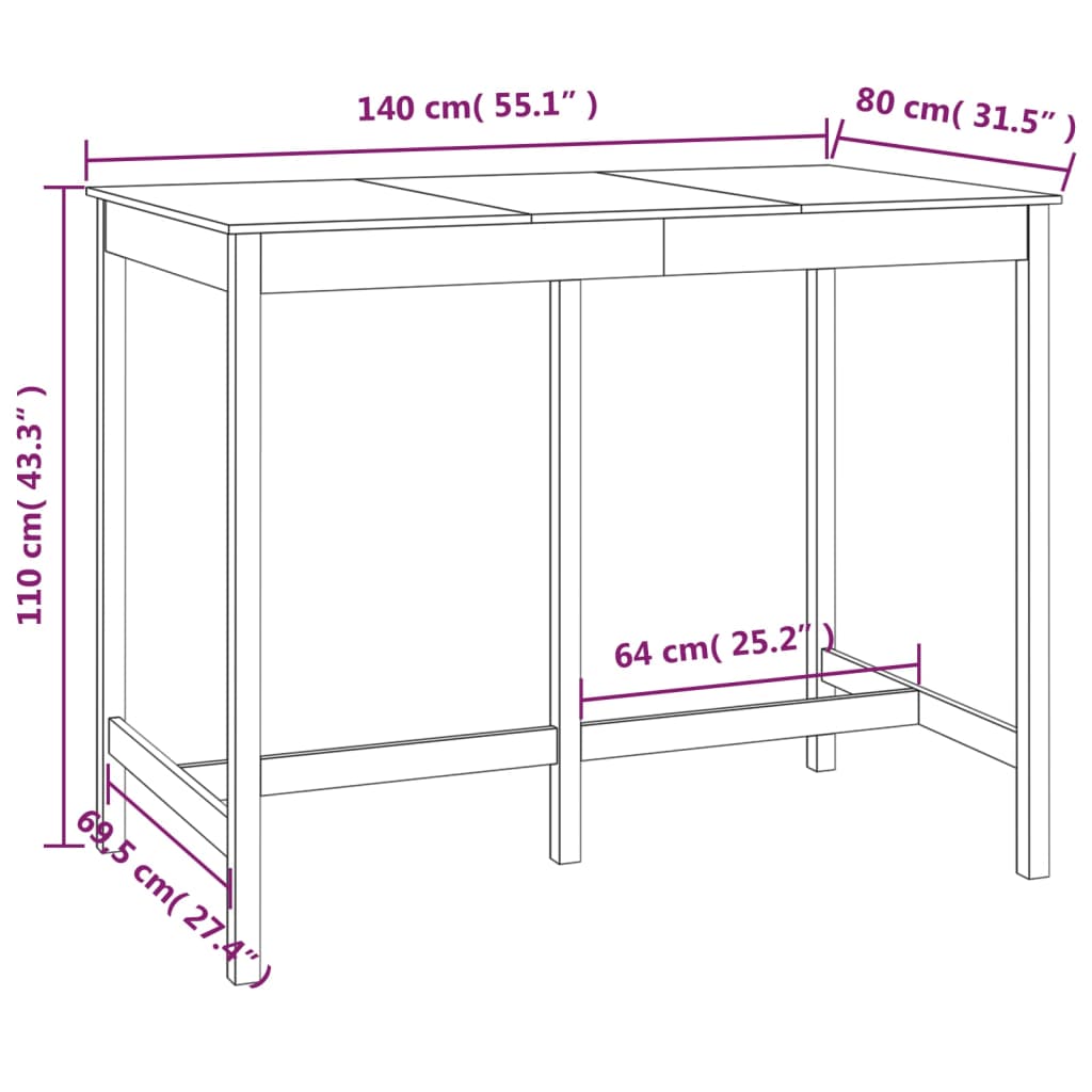 Mesa alta de bar madera maciza de pino blanco 140x80x110 cm vidaXL