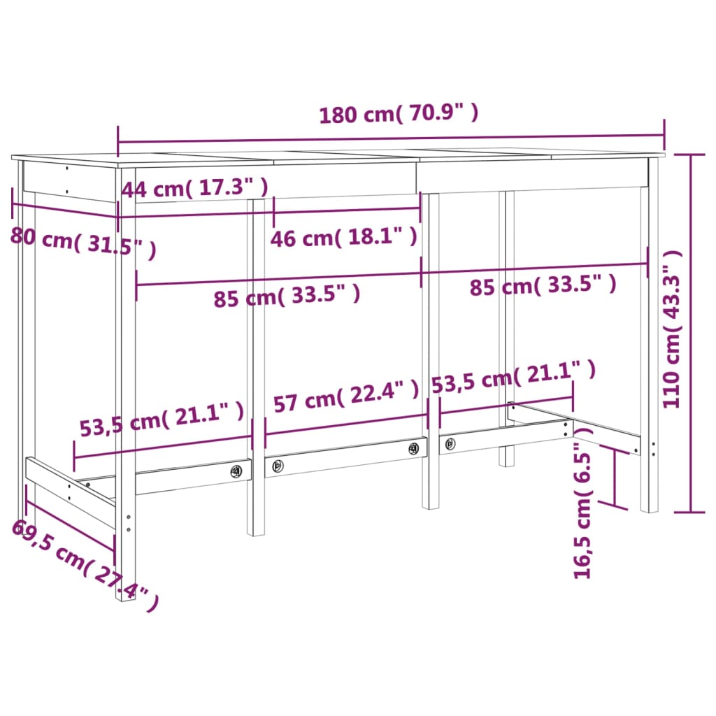 Mesa alta de bar madera maciza de pino negra 180x80x110 cm vidaXL