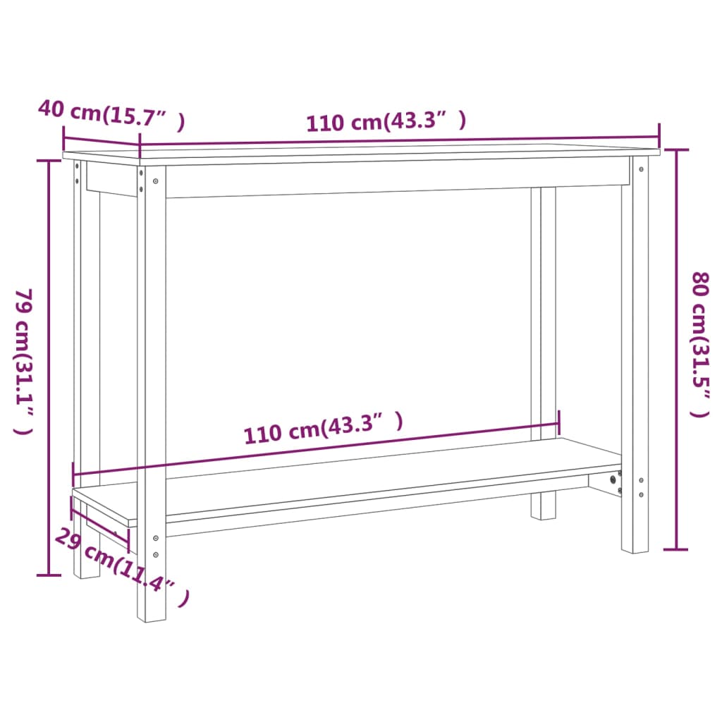 Mesa consola de madera maciza de pino blanco 110x40x80 cm