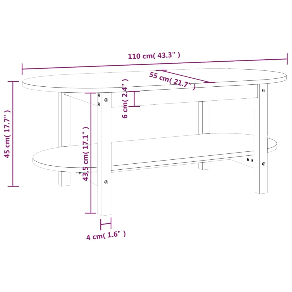 Mesa de centro de madera maciza de pino blanco 110x55x45 cm