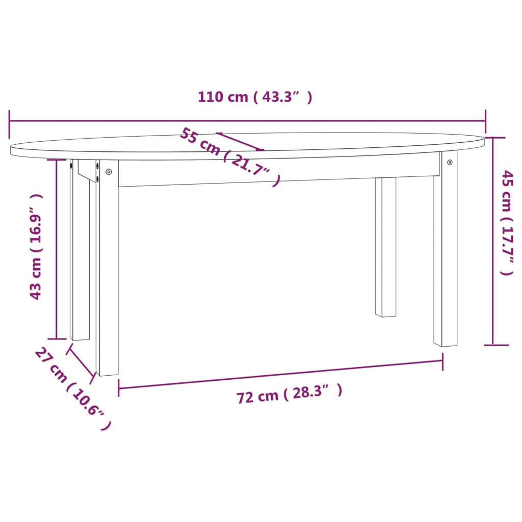 Mesa de centro de madera maciza de pino negro 110x55x45 cm