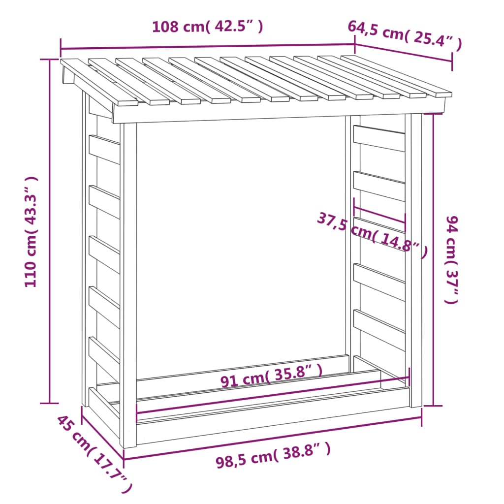 Leñero de madera maciza de pino 108x64,5x110 cm vidaXL