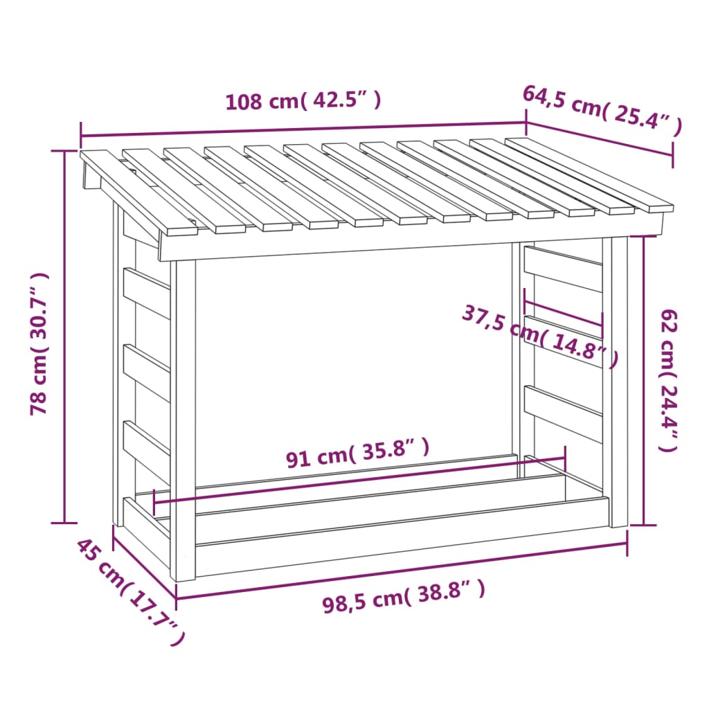 Leñero de madera maciza de pino 108x64,5x78 cm vidaXL