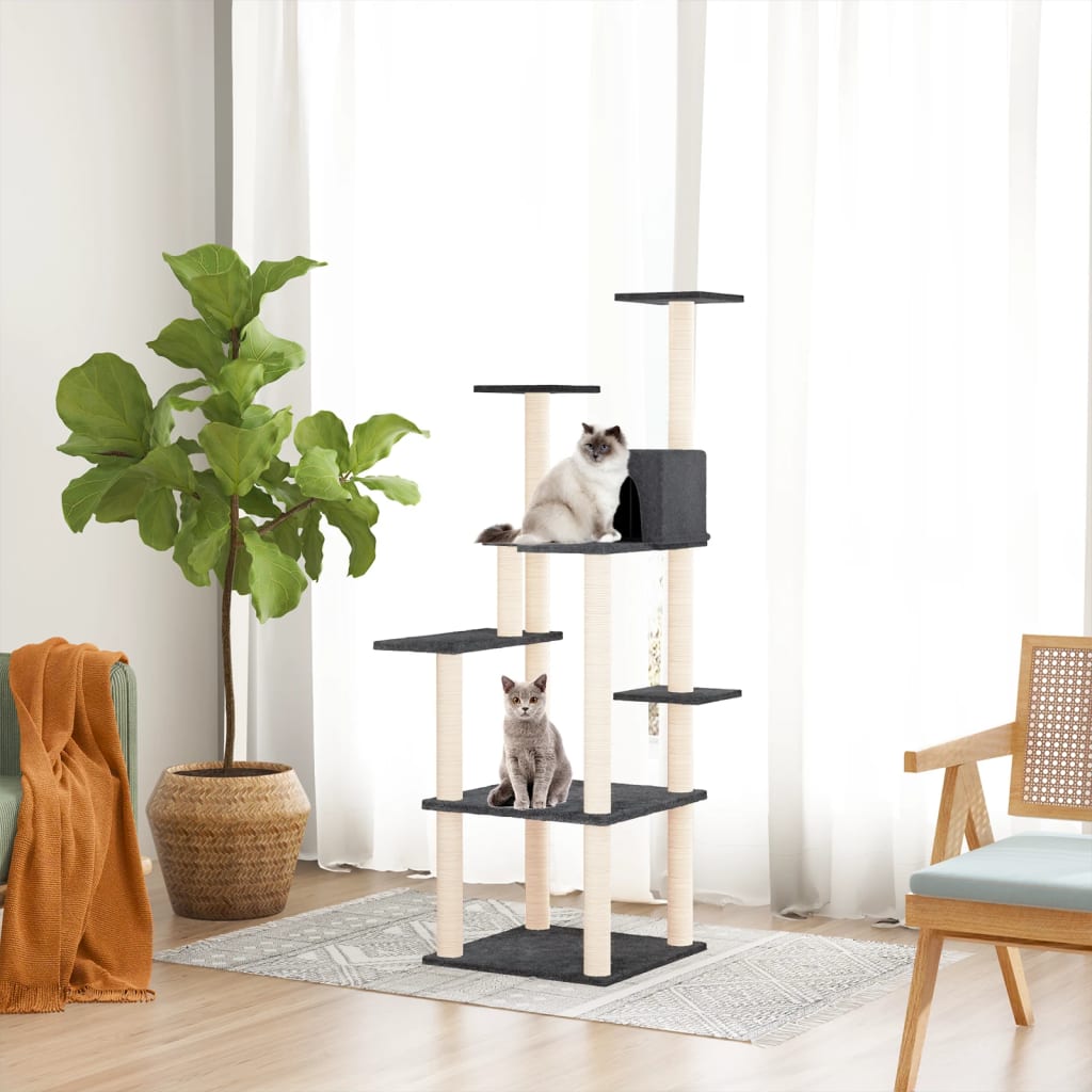 Rascador para gatos con postes de sisal gris oscuro 153 cm