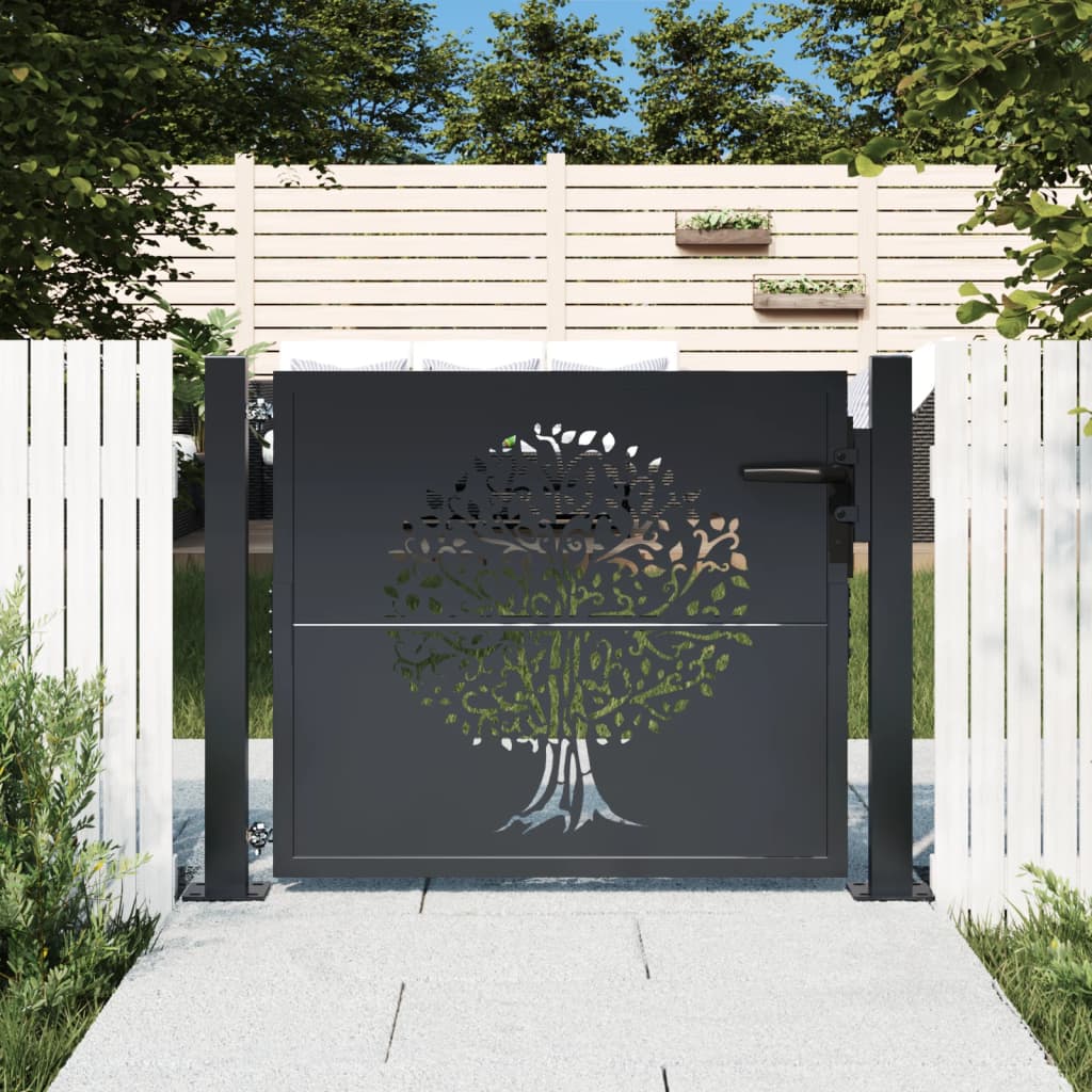 Vetonek Puerta de jardín acero gris antracita diseño árbol 105x105 cm