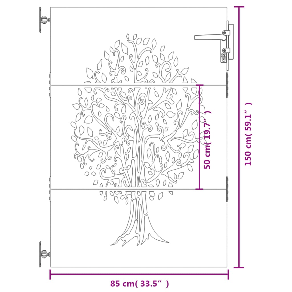 Puerta de jardín acero corten diseño árbol 85x150 cm