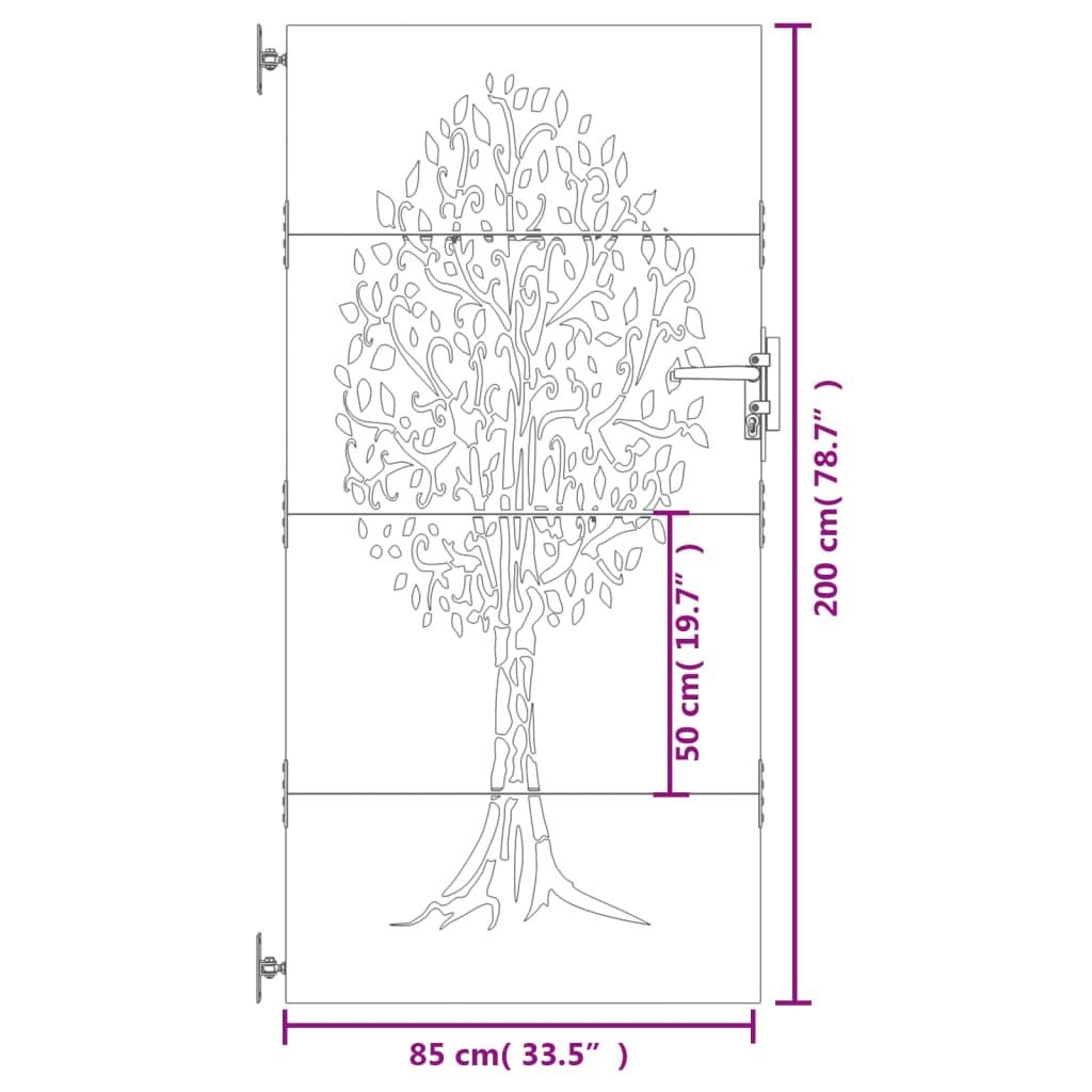 Puerta de jardín acero corten diseño árbol 85x200 cm