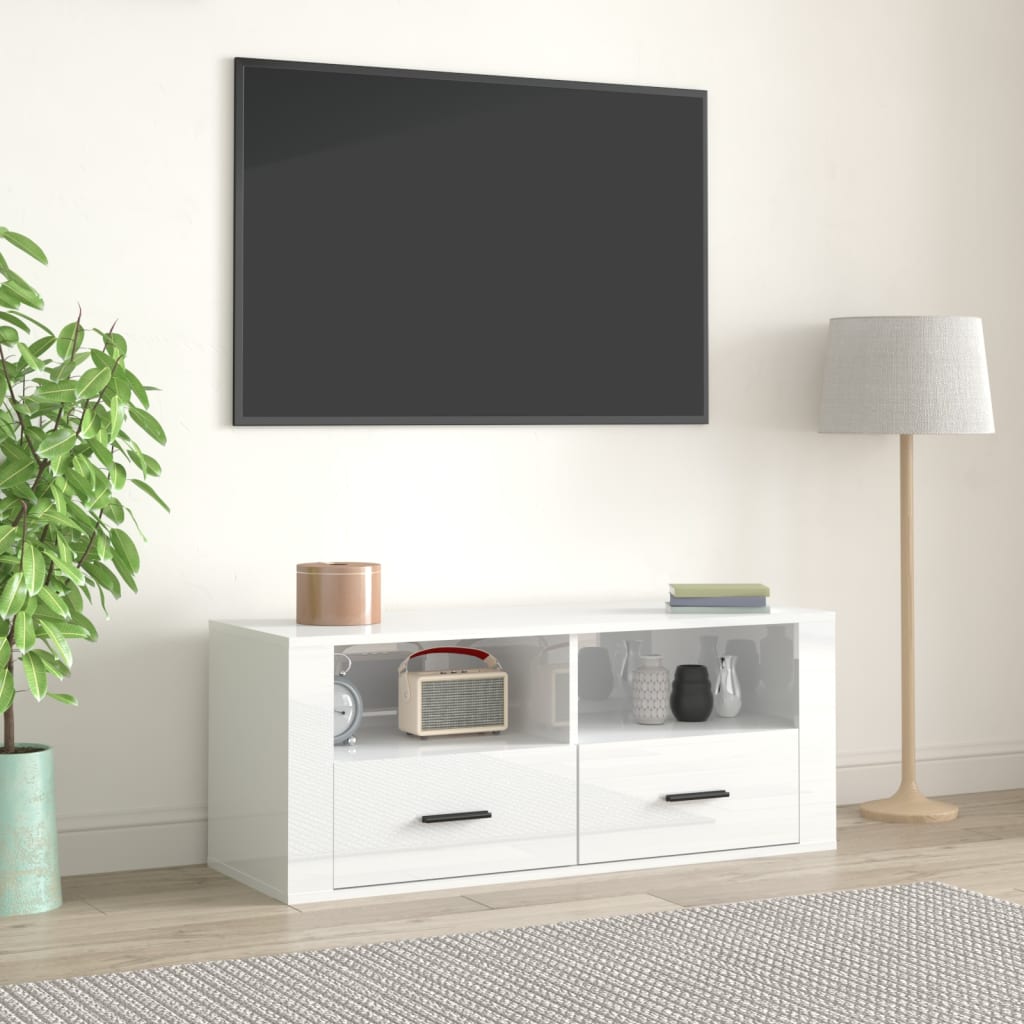 Vetonek Mueble de TV madera contrachapada blanco brillo 100x35x40 cm