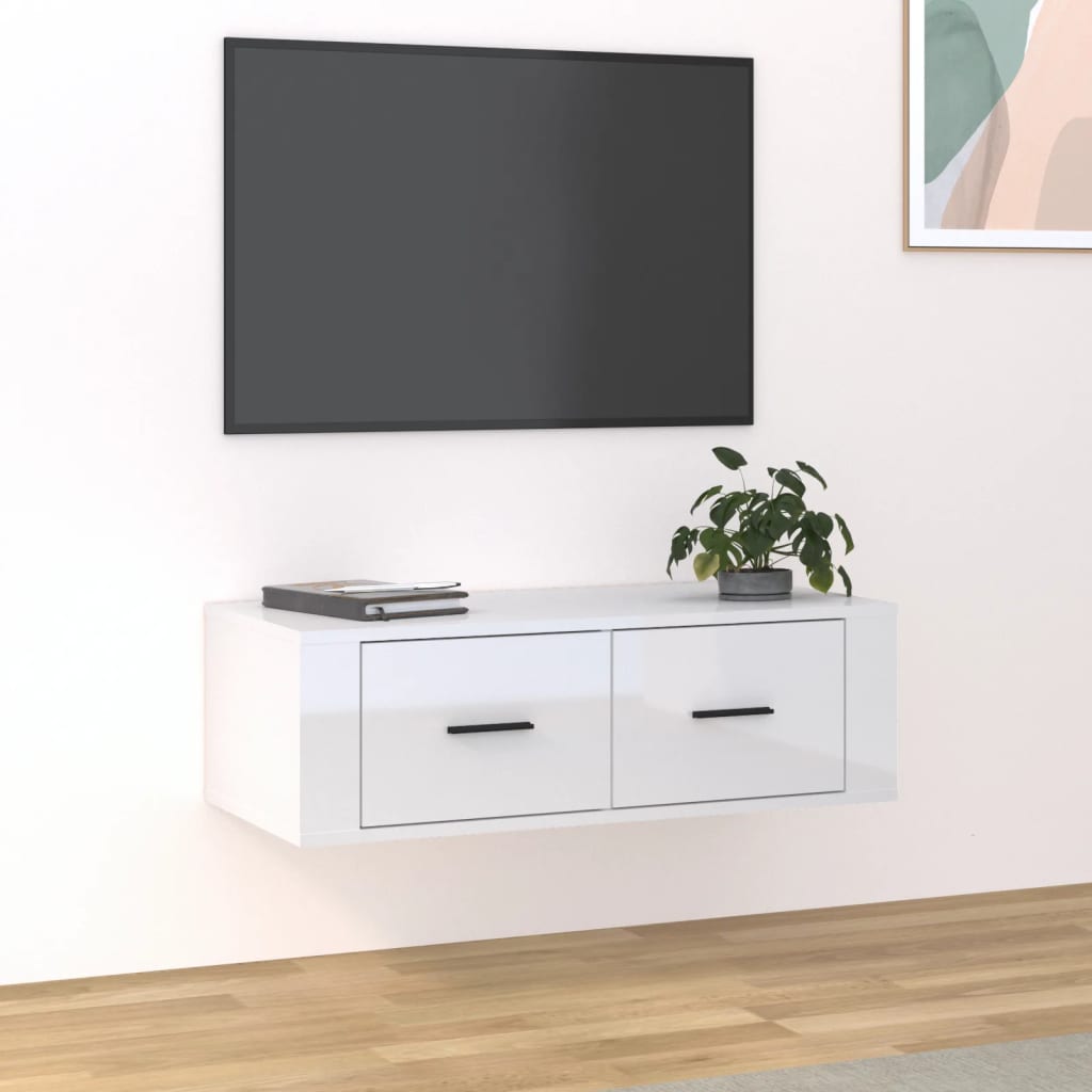 Vetonek Mueble de TV colgante madera blanco brillante 80x36x25 cm