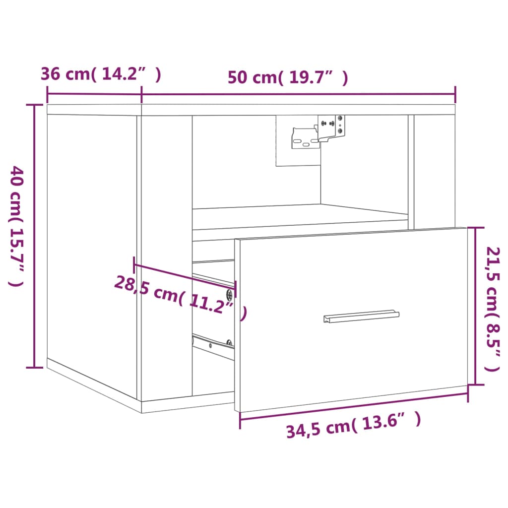 Tavoli notturni a parete 2 UDS Color Oak Sonoma 50x36x40 cm