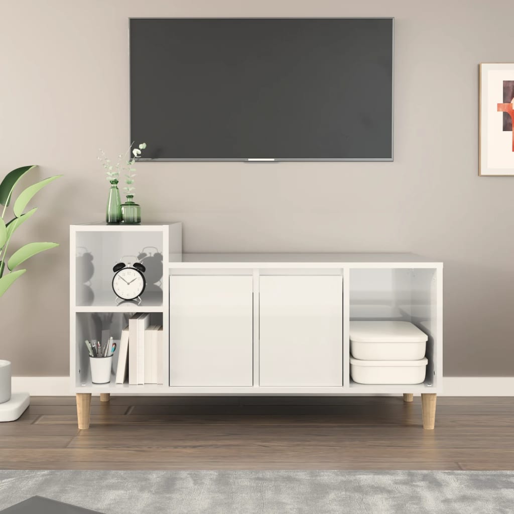 Vetonek Mueble de TV madera contrachapada blanco brillo 100x35x55 cm