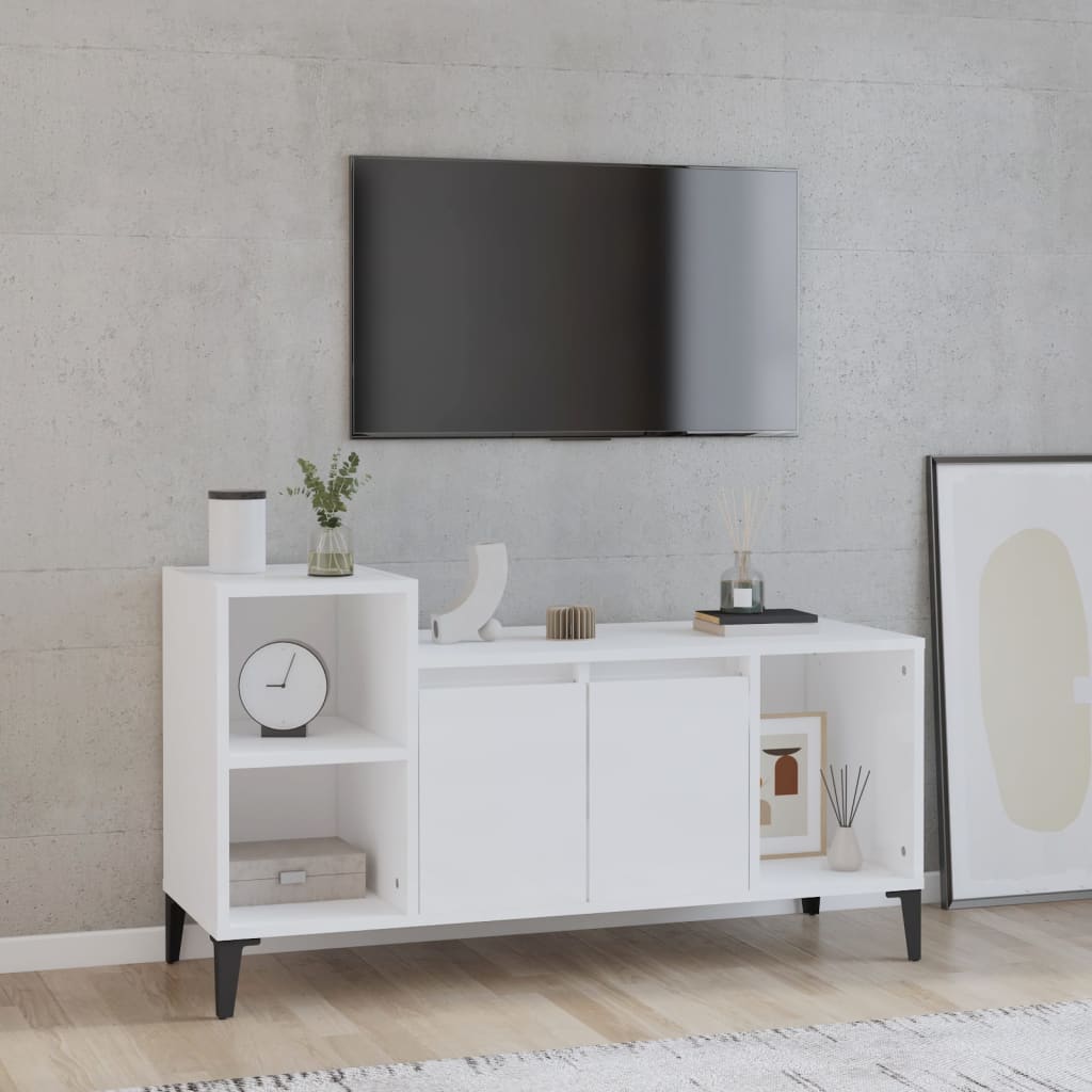 Vetonek Mueble de TV madera contrachapada blanco brillo 100x35x55 cm