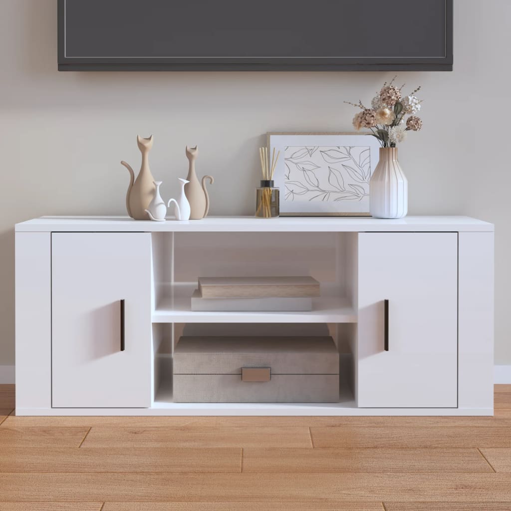 Vetonek Mueble de TV madera contrachapada blanco brillo 100x35x40 cm