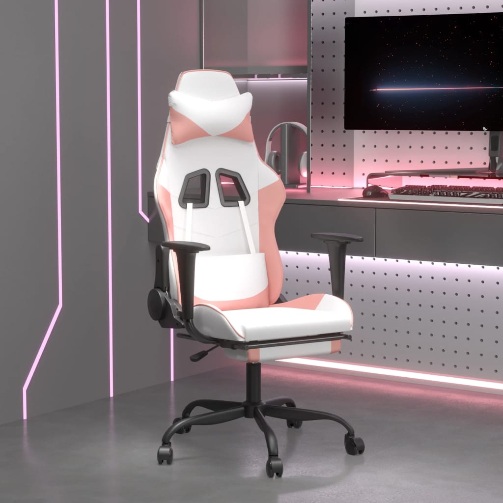 Vetonek Silla gaming con reposapiés cuero sintético blanco y rosa